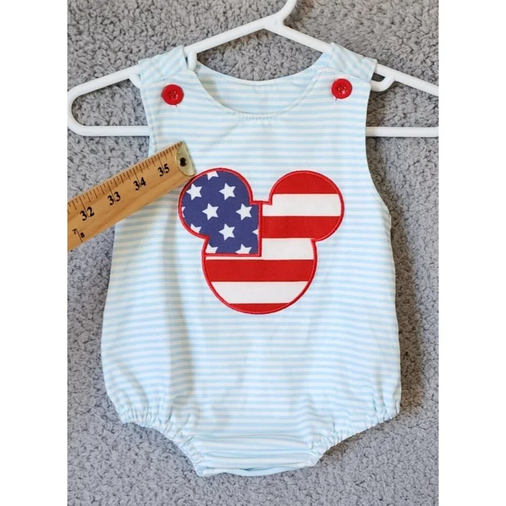 Abby & Evie Red White Blue‎ USA Embroidered Mickey Head One Piece Romper Size 6M